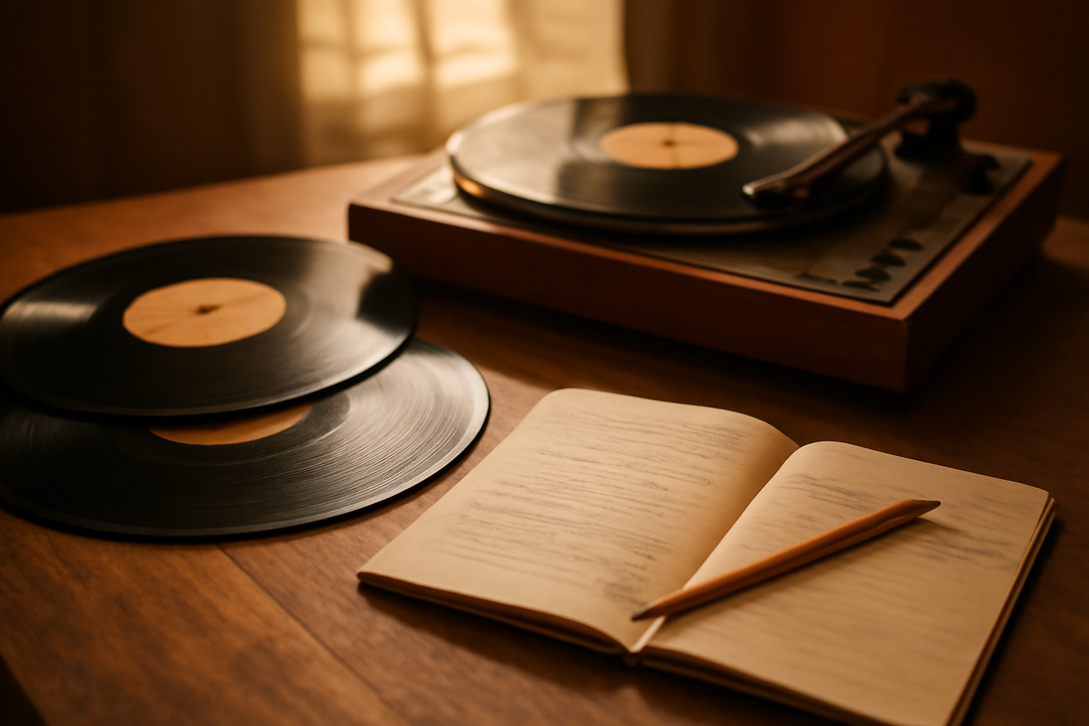 Piringan hitam dan turntable di atas meja kayu dengan buku catatan untuk membandingkan grup vokal soul klasik