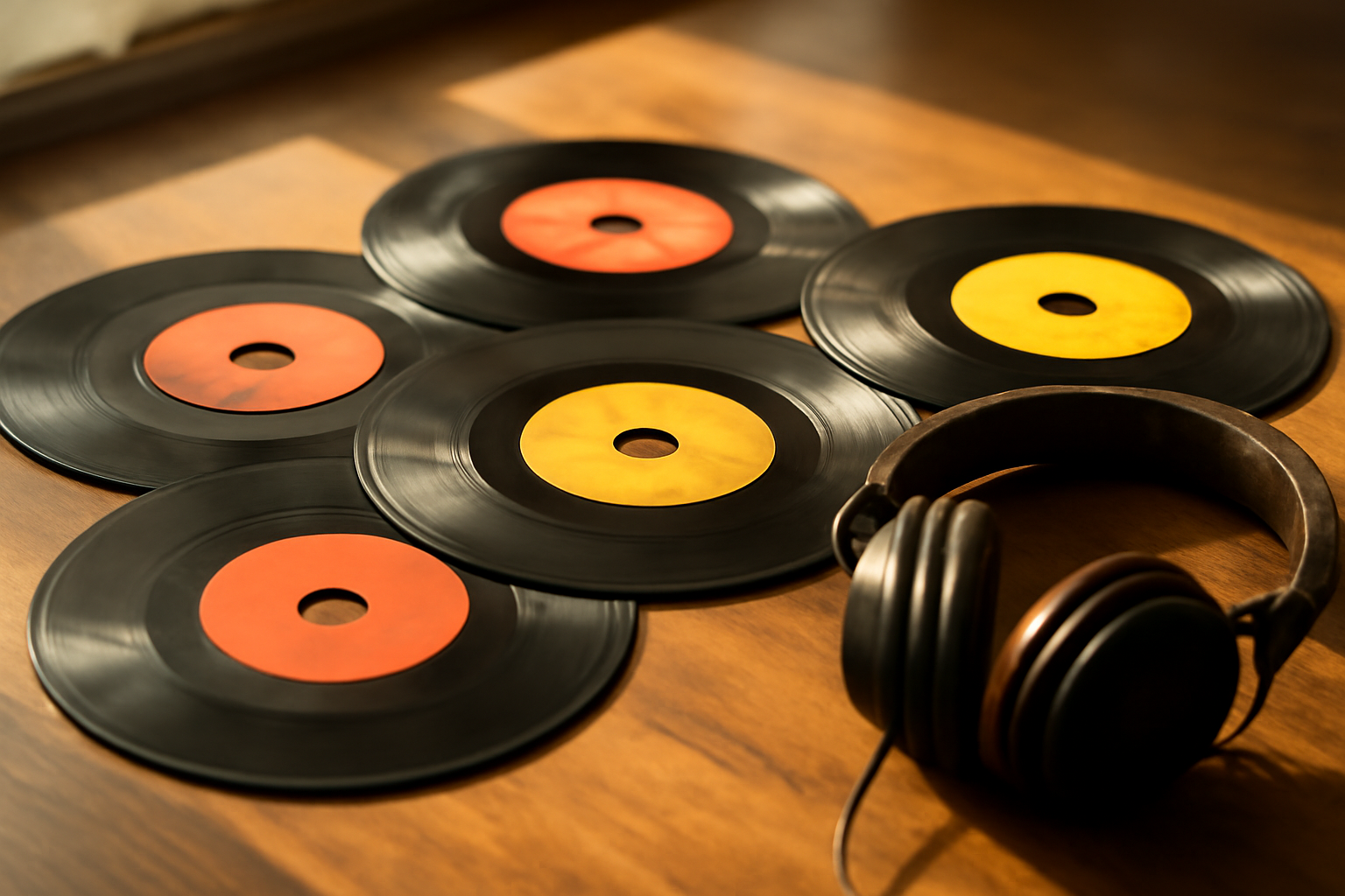 Enam piringan hitam musik soul klasik ditata di atas meja kayu dengan headphone