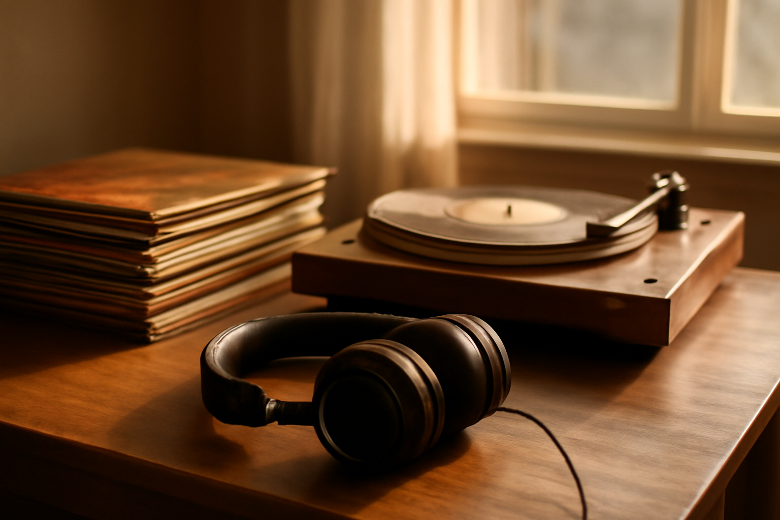 Sudut mendengarkan musik dengan turntable, piringan hitam, dan headphone untuk latihan mendengar grup vokal soul