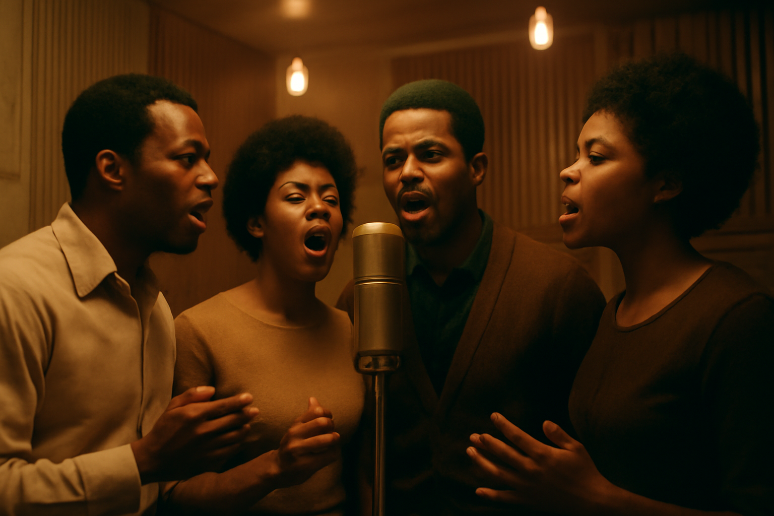 Grup vokal soul merekam harmoni di studio analog dengan pencahayaan hangat