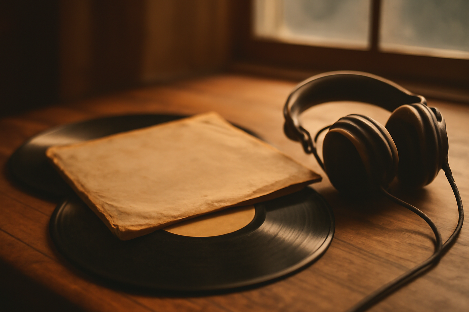 Piringan hitam dan sampul album bekas di atas meja kayu berdampingan dengan headphone
