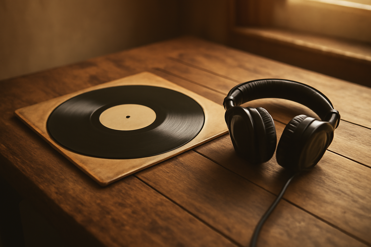 Piringan hitam dan headphone di atas meja kayu untuk sesi mendengar musik soul