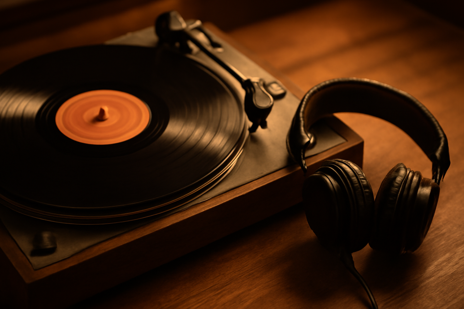 Pemutar vinyl dan headphone di atas meja kayu untuk mendengarkan rekaman grup vokal soul klasik