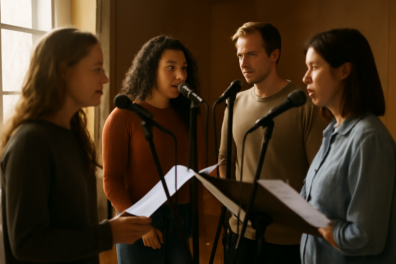Kelompok vokal soul berlatih harmoni di studio musik
